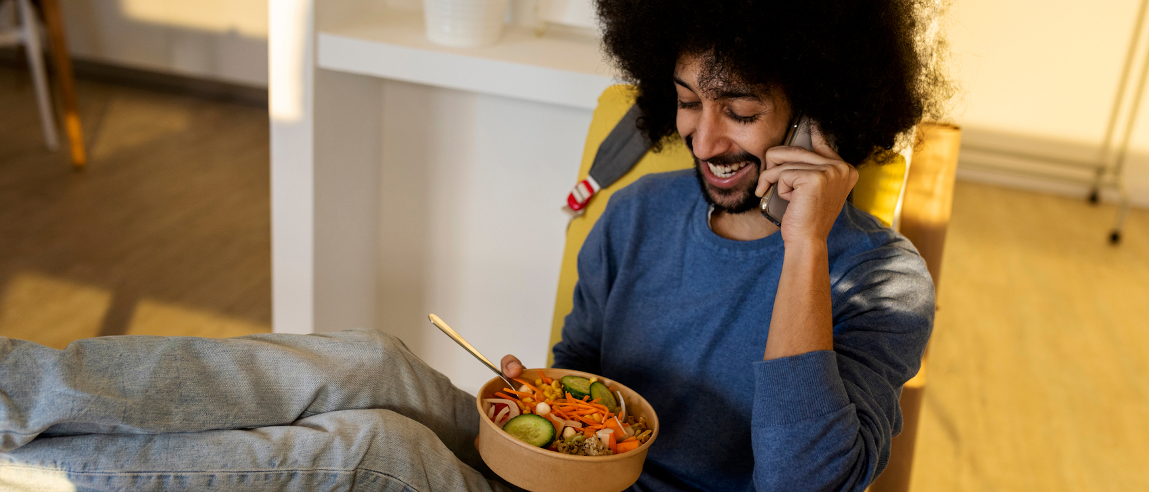 Person with flexible schedule enjoying a meal at home