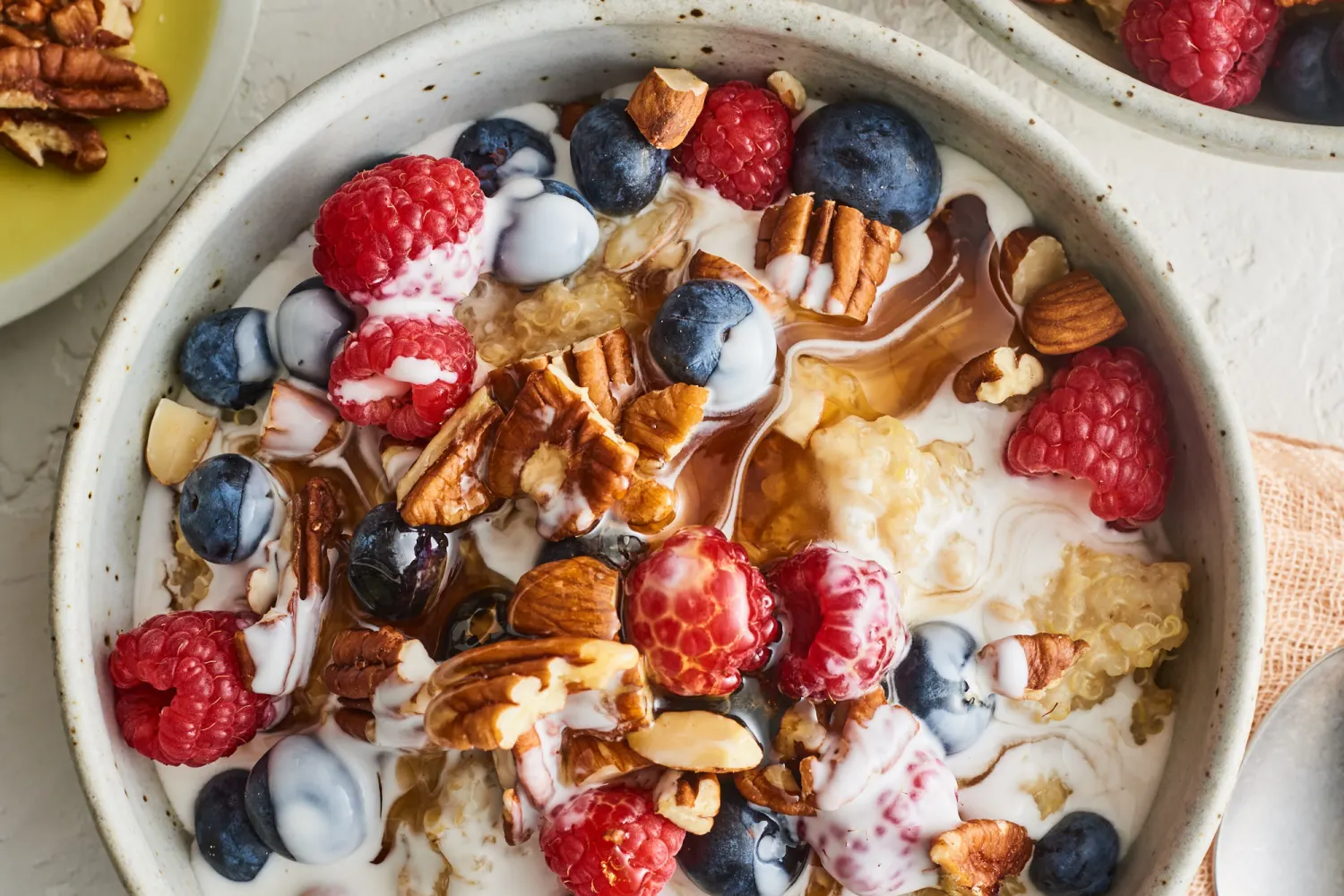 Healthy breakfast with whole grains, fruits, and protein on a bright kitchen table